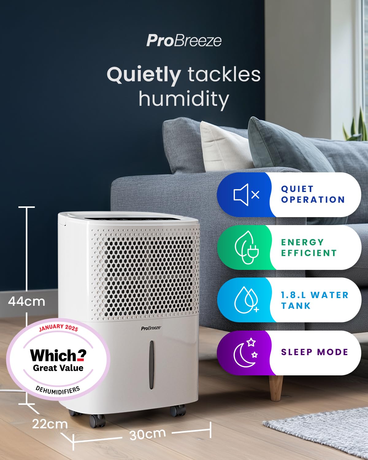 Pro Breeze 12L/Day Dehumidifier with Automatic Humidity Sensor & Display